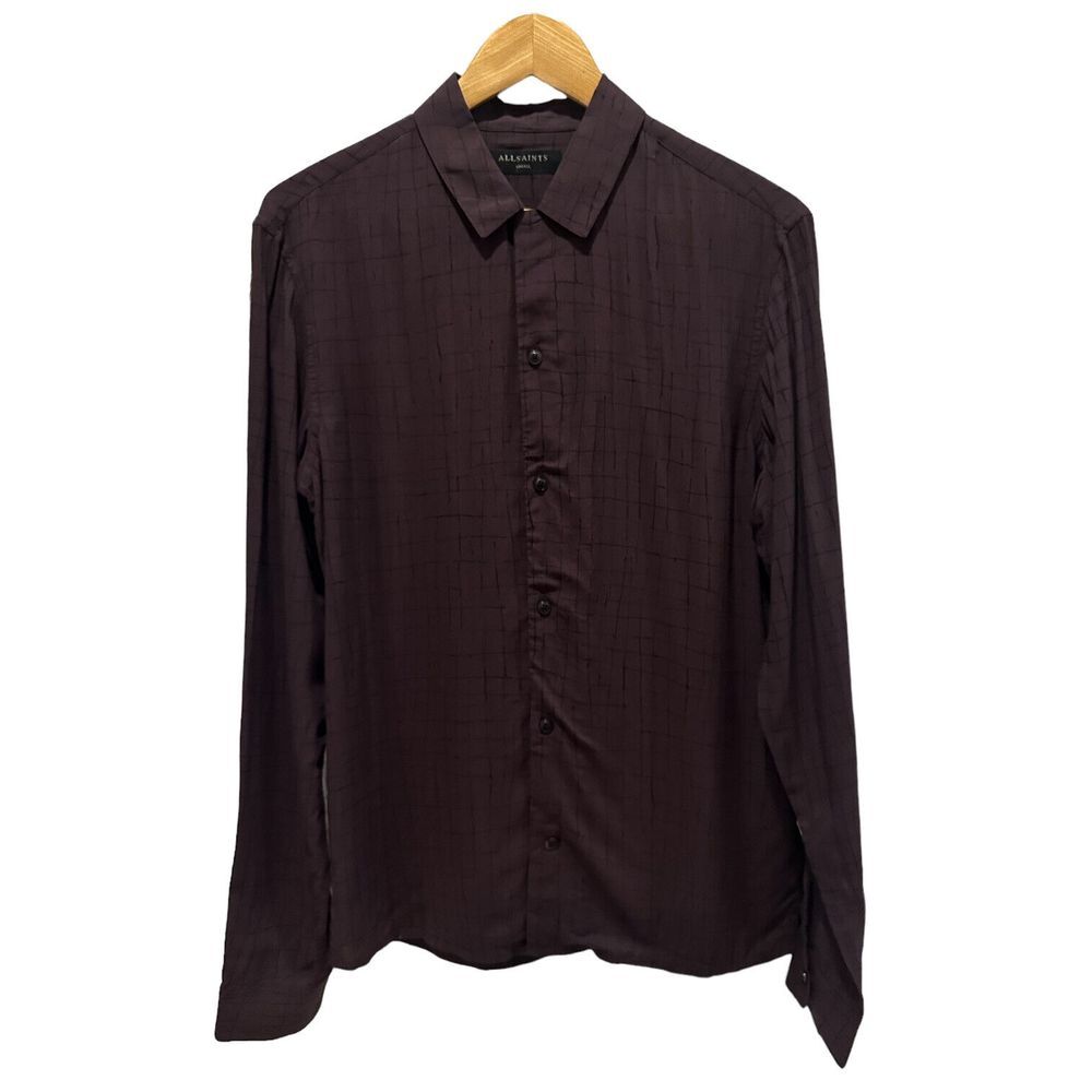 All Saints Mens Button Front Viscose Shirt Courthauld Maroon Check Long Sleeve S